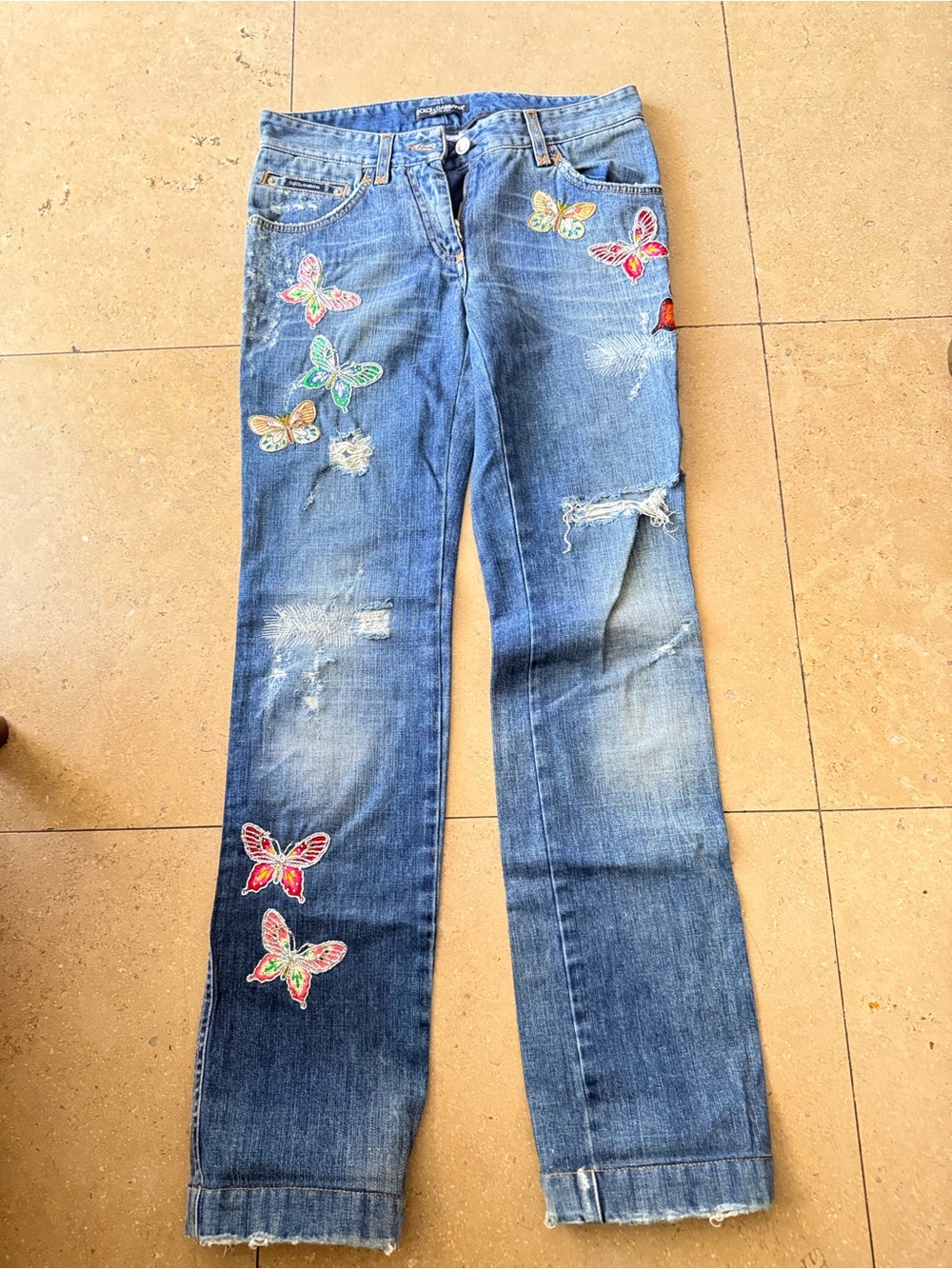 Dolce & Gabbana Blue Denim Flared Jeans with Multicolor Butterfly Embroidery